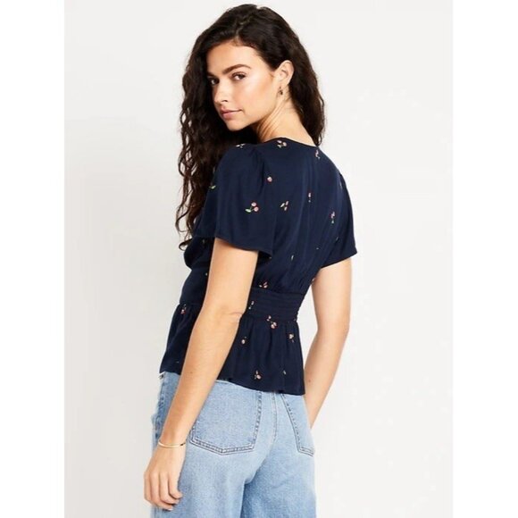 Old Navy V-neck Button Down Crepe Top XL Navy Cherries Flutter Sleeve Smocked - Picture 1 of 12